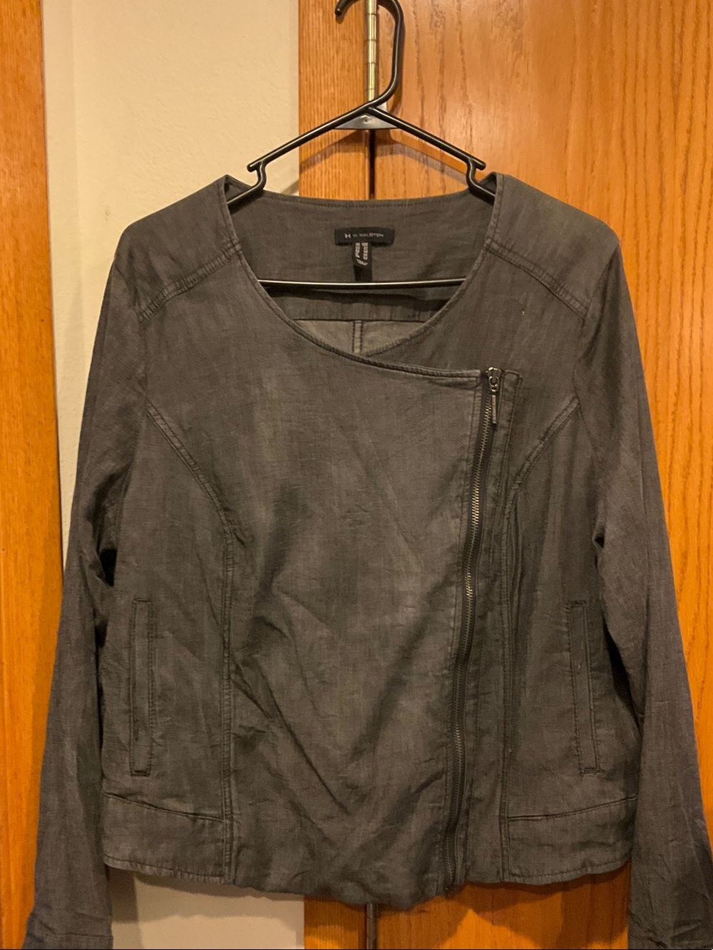 H by Halston Charcoal Chambray Asymmetrical Zip Jacket